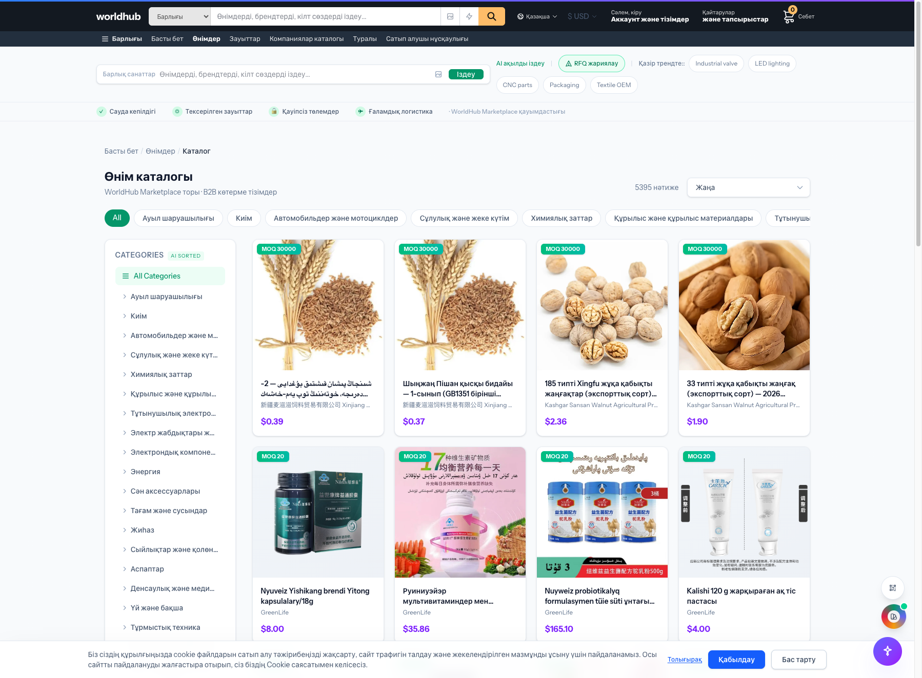 WorldHub іздеу нәтижелері беті іздеу жолағы, санат сүзгілері және өнім карточкаларымен